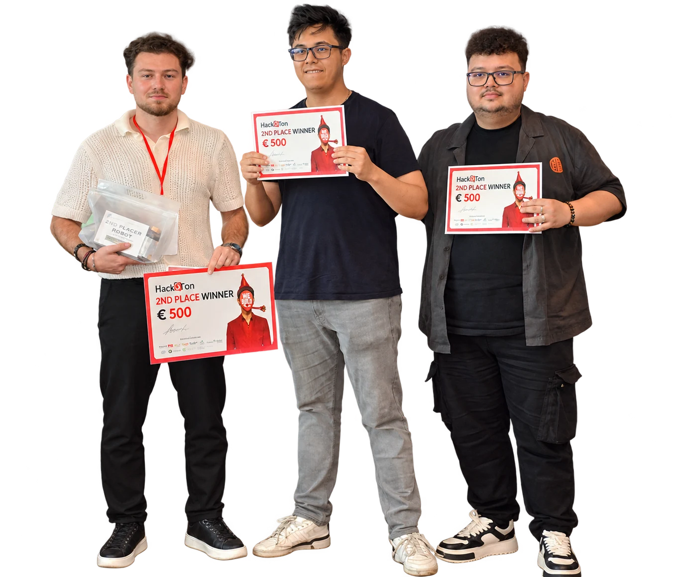 The three members of the second-place team holding their Hack A Ton prizes